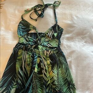 Tropical Leaf Print Halter Dress